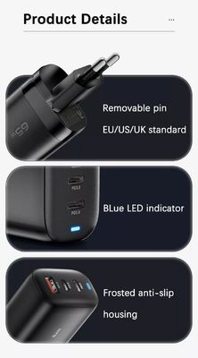 65 Watt GaN 3-Ports USB-Reiseadapter für das Hochgeschwindigkeitsladen mehrerer Geräte